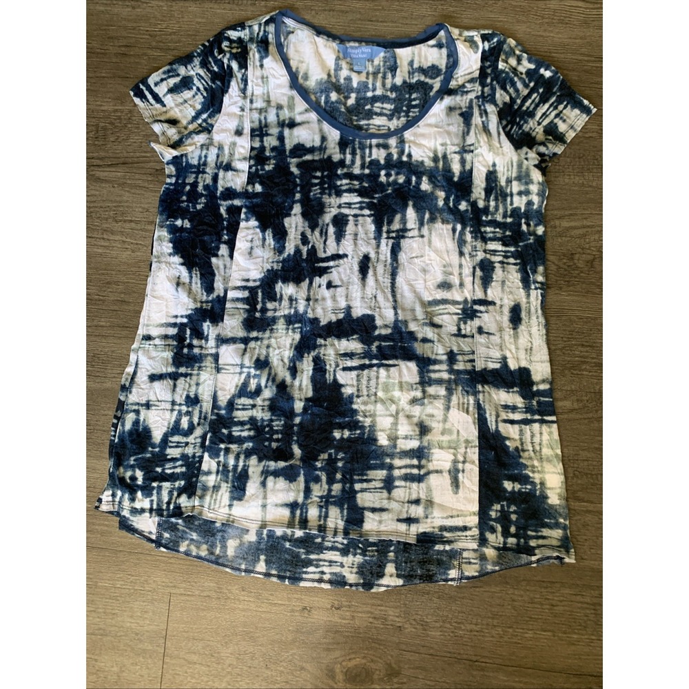 Simply Vera Wang Top Women's L Blue White Abstract Popover Blouse High Low Cap